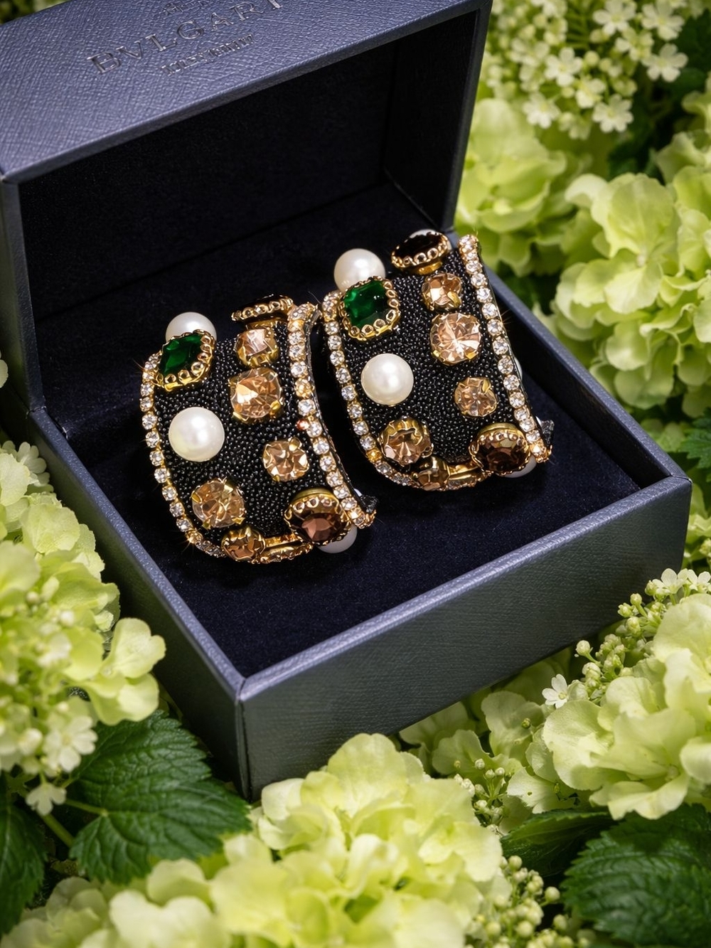 Anthropologie Black Hoop Earrings with Gold, Pearl & Emerald Accents - Picture 2 of 4